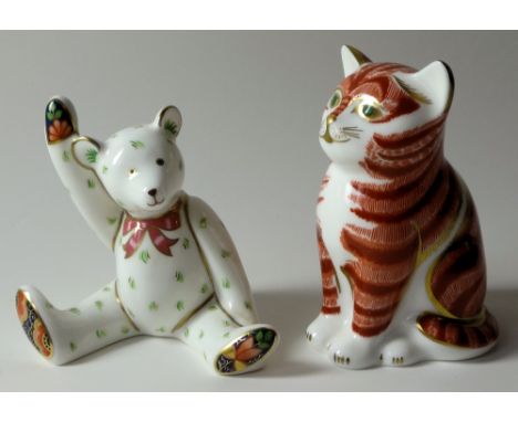 TWO x Royal Crown Derby paperweights GINGER KITTEN No.45/1500 &amp; TEDDY BEAR WAVING: Gold stopper, certificate for kitten, 