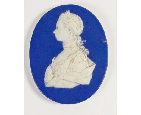 Wedgwood dark blue dipped Jasper portrait medallion of Charlotte Sophia: Queen Consort of George III c1790, h8.7cm. (broken i