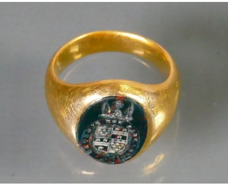 High carat fine gold seal ring tested as very high carat, 18ct or better:  Gross weight 11g. Size H.  Slight nibbles to botto