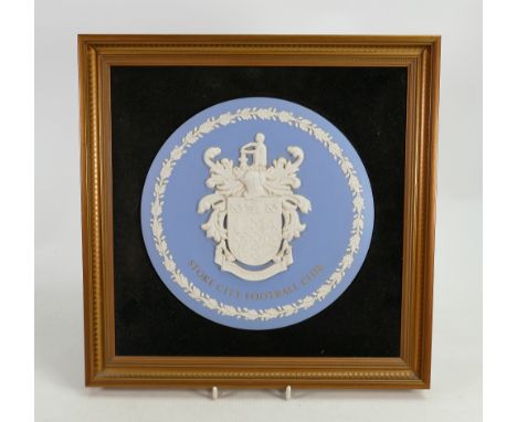 Wedgwood light blue &amp; white Stoke City Football Club plaque: In larger gilt frame, overall 33 x 33cm