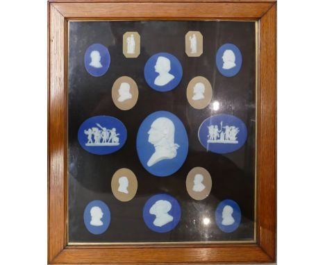 A collection of Wedgwood &amp; similar framed portrait early 19th Century Cameos: Some damages noted, frame size 42cm x 36cm.