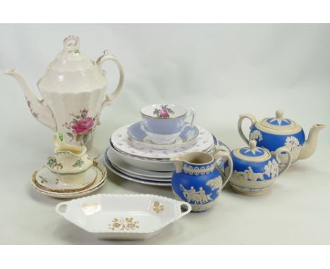 A good collection of Spode ware: Including Billingsley Rose coffee pot, pair of shop pattern botanical plates, Jasperware tea