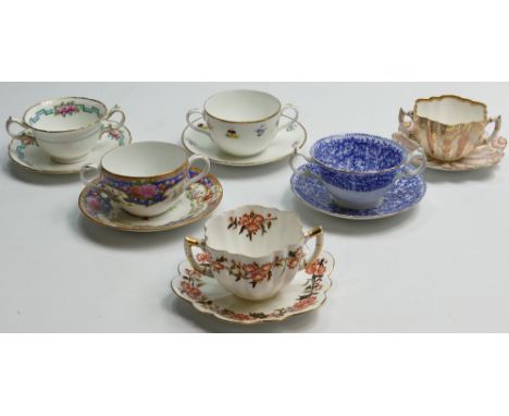 A collection of Shelley Wileman and Co (Foley) Bouillon cups &amp; saucers: Royal 9654 Root print in Blue, Bute 10678 Old Sev
