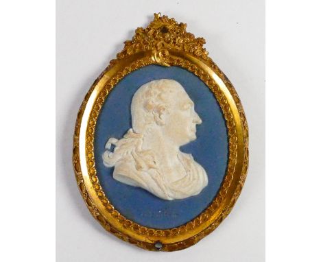 Wedgwood &amp; Bentley rare solid slate blue Jasper portrait medallion of David Garrick: Renowned English actor, mounted in g