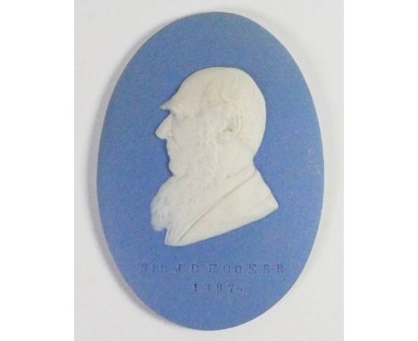 Wedgwood solid pale blue Jasper portrait medallion of Sir J D Hooker: c1897, h10.5cm. 