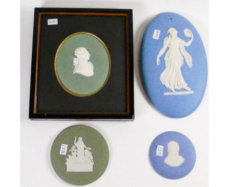A collection of Wedgwood portrait plaques to include: Green plaque of gentleman, Dancing Hours Lady and two smaller roundels 