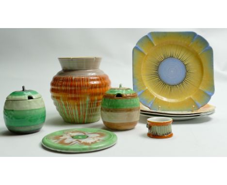 A collection of Shelley items to include: Vases, napkin stand, napkin ring, plates, preserve pots etc. in Harmony and similar