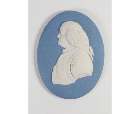 Wedgwood solid pale blue Jasper portrait medallion of Benjamin Franklin: c1920, h11.5cm. 
