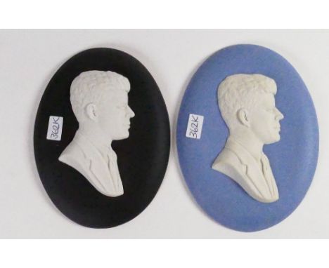 Wedgwood black &amp; blue portrait plaques John F Kennedy: Dated 1964, height 10.25cm. (2)