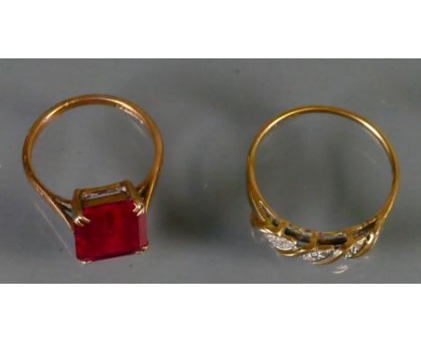 9ct ladies dress rings: One set with diamonds, size R and the other with square red stone: size M, 5g. (2)