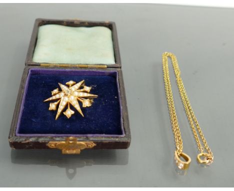 Victorian 15ct gold Pearl & Diamond set star pendant & chain: Also can be worn as a brooch. Chain later and believed to be 9c
