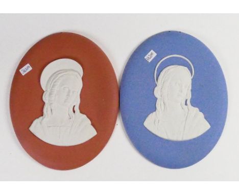 Wedgwood blue &amp; coral portrait plaques Madonna: Dated 1960, height 16cm. (2)