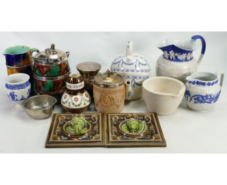 A collection of 19th Century Wedgwood items: Comprising Majolica items, pair of Majolica portrait tiles, Egyptian biscuit bar