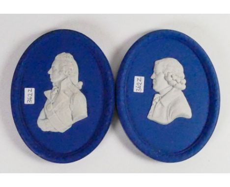 Pair Wedgwood dark blue portrait plaques of Gentlemen: Height 10.5cm. (2)