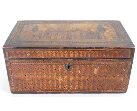Early 19th century straw work tea caddy: Some extensive old woodworm damage to front &amp; side panel.  Some inlay missing ma