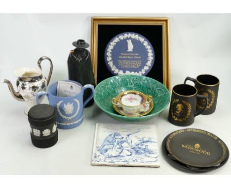 A collection of Wedgwood items: Comprising Hotel Award plaque, Sandemans Port decanter, Cabbageware bowl, 19th century Huntin