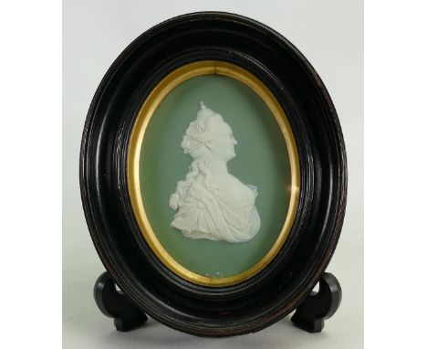 Wedgwood Sage green dipped Jasperware Catherine The Great Empress of Russia portrait medallion: In wooden mount c1850, height