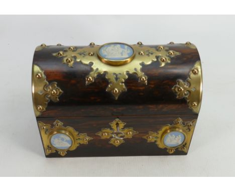 19th century Rosewood Tea caddy with brass mounts and 3 Wedgwood roundels:  Lacking interior. Length 23, x 17 height x 12cm d