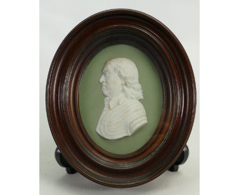 Wedgwood Sage green dipped Jasper portrait medallion of Oliver Cromwell: In mahogany surround c1850's, height of plaque 11.5c