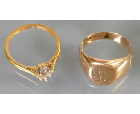 18ct gold dress ring missing stone & 14ct signet ring: 2.1g & 3.2g (14ct).  Initials to signet ring.  (2)