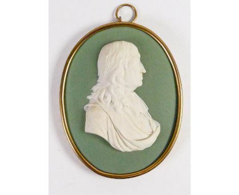 Wedgwood Sage green dipped Jasper portrait medallion of Milton: Adapted from a medal by John Sigismund Tanner in Ormulo frame