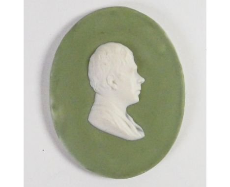 Wedgwood Sage green dipped Jasper portrait medallion of Sir Walter Scott: c1860, h9.6cm. 