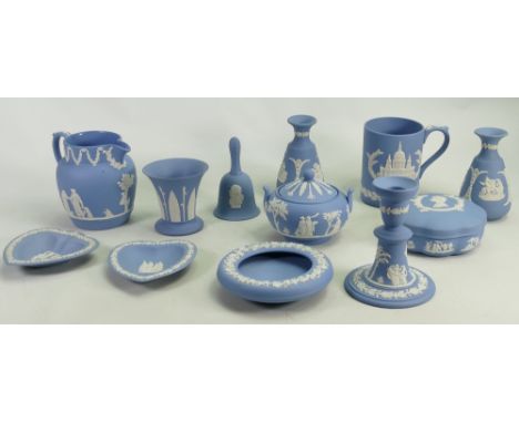 A collection of Wedgwood light blue Jasperware items: Comprising dishes, plaques, miniature items etc., 32 items.