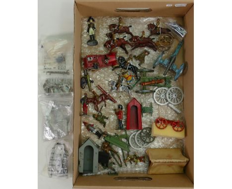 General assortment of vintage military lead soldiers and cannons: Die cast fire engine and firemen, cannons, red cross tent e