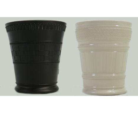 Wedgwood black Basalt vase engine turned decoration: Signed &amp; dated 1931 together with similar creamware item, height 11c