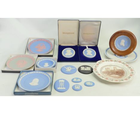 A collection of Wedgwood Jasperware items: Portrait plaques, various coloured plates etc. 15 items.