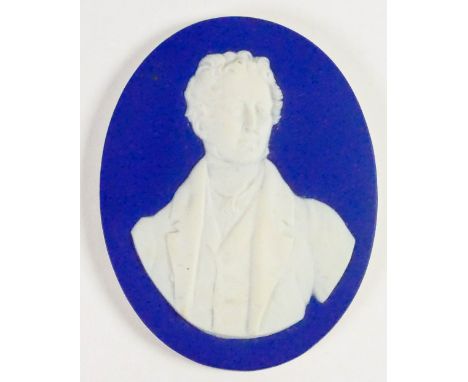 Wedgwood dark blue dipped Jasper portrait medallion of Sir Robert Peel: Facing right c1820, h10.4cm. (slither chip to back ed