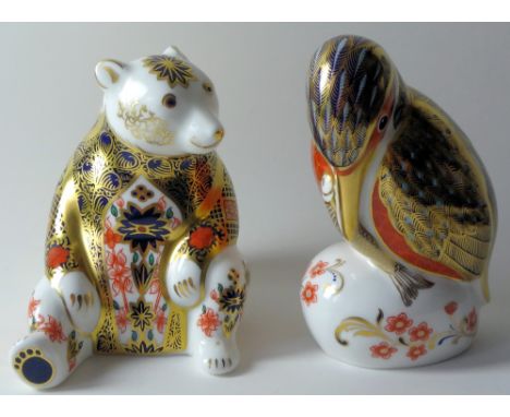 Two x Royal Crown Derby paperweights GOVIERS IMARI SITTING BEAR (Ltd 500) and KINGFISHER: No Boxes, silver stoppers & no cert