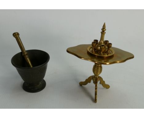 Quality vintage brass miniature Apprentice antique table: With decanter, tray and glasses and a small brass mortar &amp; pest