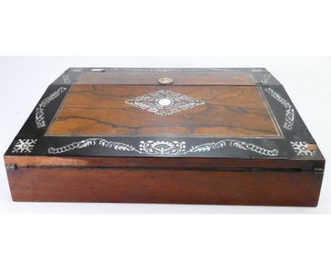 Victorian Rosewood &amp; Ebony writing slope: Inlaid with mother of pearl, w25 x L35x h9cm. (some slight loss to front right 