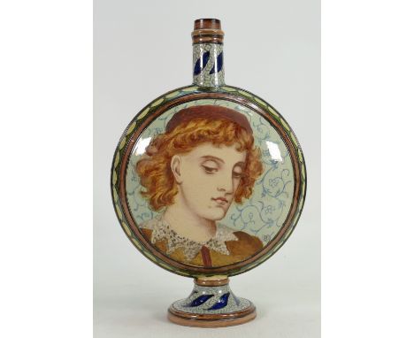 Doulton Lambeth Faience moon flask: Decorated with a young man with hat, artists initialled, height 30cm.