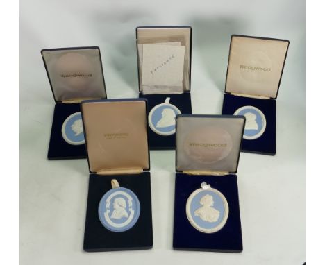 A collection of Wedgwood  Jasperware portrait medallions: All boxed,  5 oval items each 11 cm.