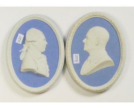 Wedgwood blue portrait plaques Hon. Josiah Wedgwood &amp; Doctor Solander: Dated 1958 &amp; 1954, height of largest 10.5cm. (