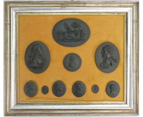 Wedgwood black Basalt &amp; similar mounted portrait Medallions: Size of frame 38cm x 32cm