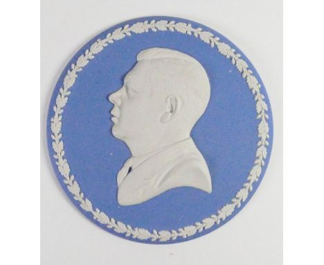 Wedgwood solid pale blue Jasper portrait medallion of Tom Harper: A self portrait by modeller Tom Harper c1962, d15.4cm. 