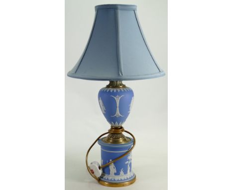 Pale blue Jasperware lamp base: Height of base 42cm.