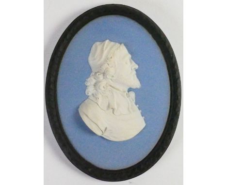 Wedgwood tri coloured Jasper portrait medallion of Inigo Jones: c1920 modelled by Bert Bentley, h13.3cm. 