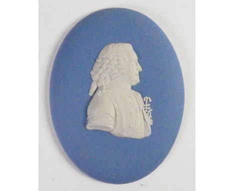 Wedgwood solid pale blue Jasper portrait medallion of Carolus Linnaeus: c1990, h10.6cm. 