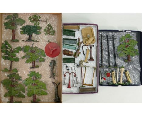 Lead scenery trees and various interesting pieces: Includes dove cotes, bird tables, telegraph poles, lamp posts, sundial, be