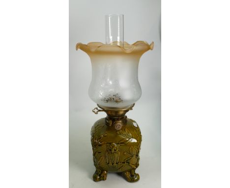 Early 20th century Wedgwood embossed oil table lamp decorated with owls &amp; bats: Hinks &amp; Son burner noted, overall hei