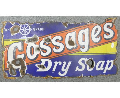 Early 20th century enamel advertising sign Gossages Dry Soap:  59 x 29cm. (wear all around the edges and holes to centre).