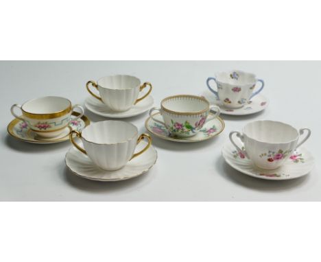 A collection of Shelley Wileman and Co (Foley) Bouillon cups &amp; saucers: Ludlow Plain white with Gold handles, Ludlow Plai