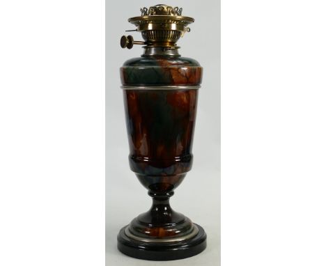 Wedgwood Majolica oilbBurner lamp: Hinks burner, in mottled glazes, some restoration, height 41cm.