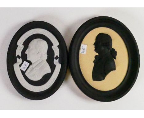 Wedgwood black &amp; yellow oval portrait plaques of Josiah Wedgwood dated 1980 &amp; Piers Wedgwood 2014: Largest 11.5cm. (2