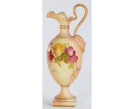 Royal Worcester blush Ivory ware small ewer decorated with flowers: Height 17cm.
