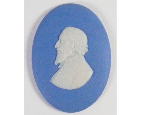 Wedgwood solid pale blue Jasper portrait medallion of Rochester: c1820, h8.2cm.
